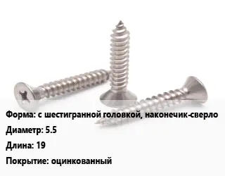 Саморез с шестигранной головкой, наконечик-сверло D=5.5 L=19 оцинкованный